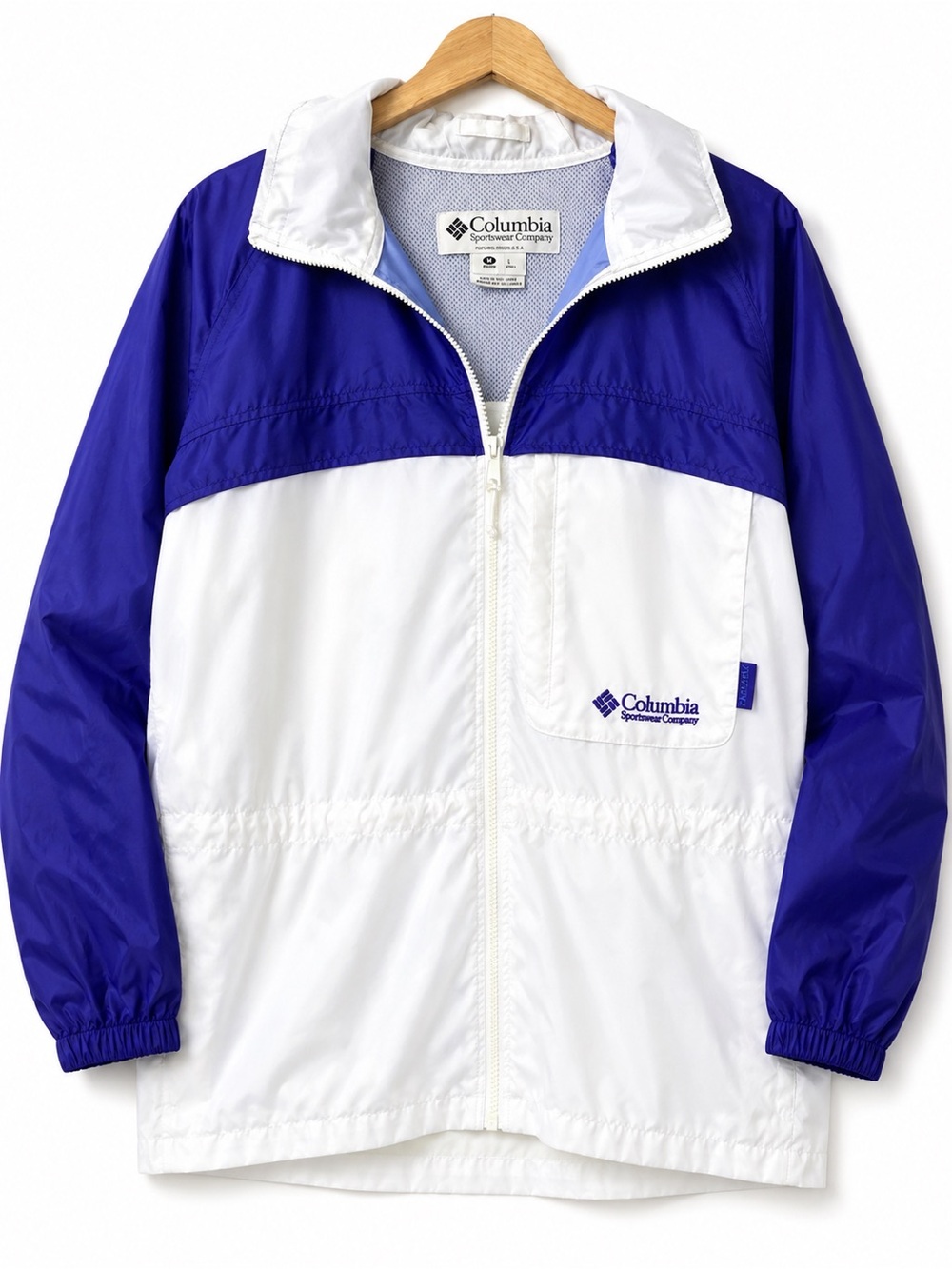 💙 Vintage Columbia Windbreaker Jacket Blue White Packable Hooded Gorpcore M